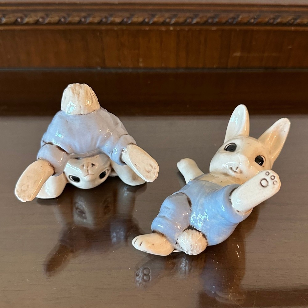 Vintage Playful Ceramic Bunny Figurines Set Blue Overalls Handstand Easter Decor